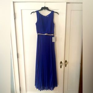 Eliza J pleated maxi dress with belt, size 6, azure blue with platinum belt